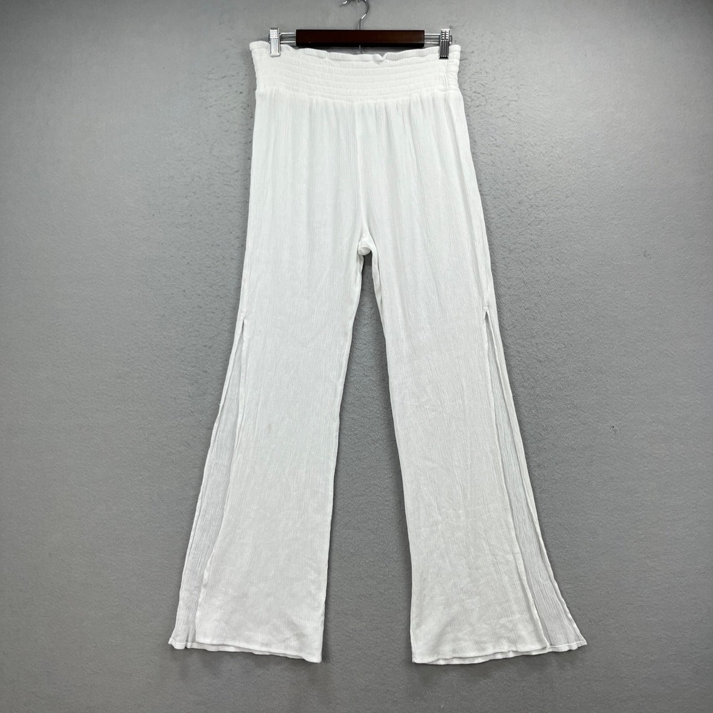 Kona Sol Wide Leg Pants Womens Large White Smocked Side Slit Gauze Beach Coverup